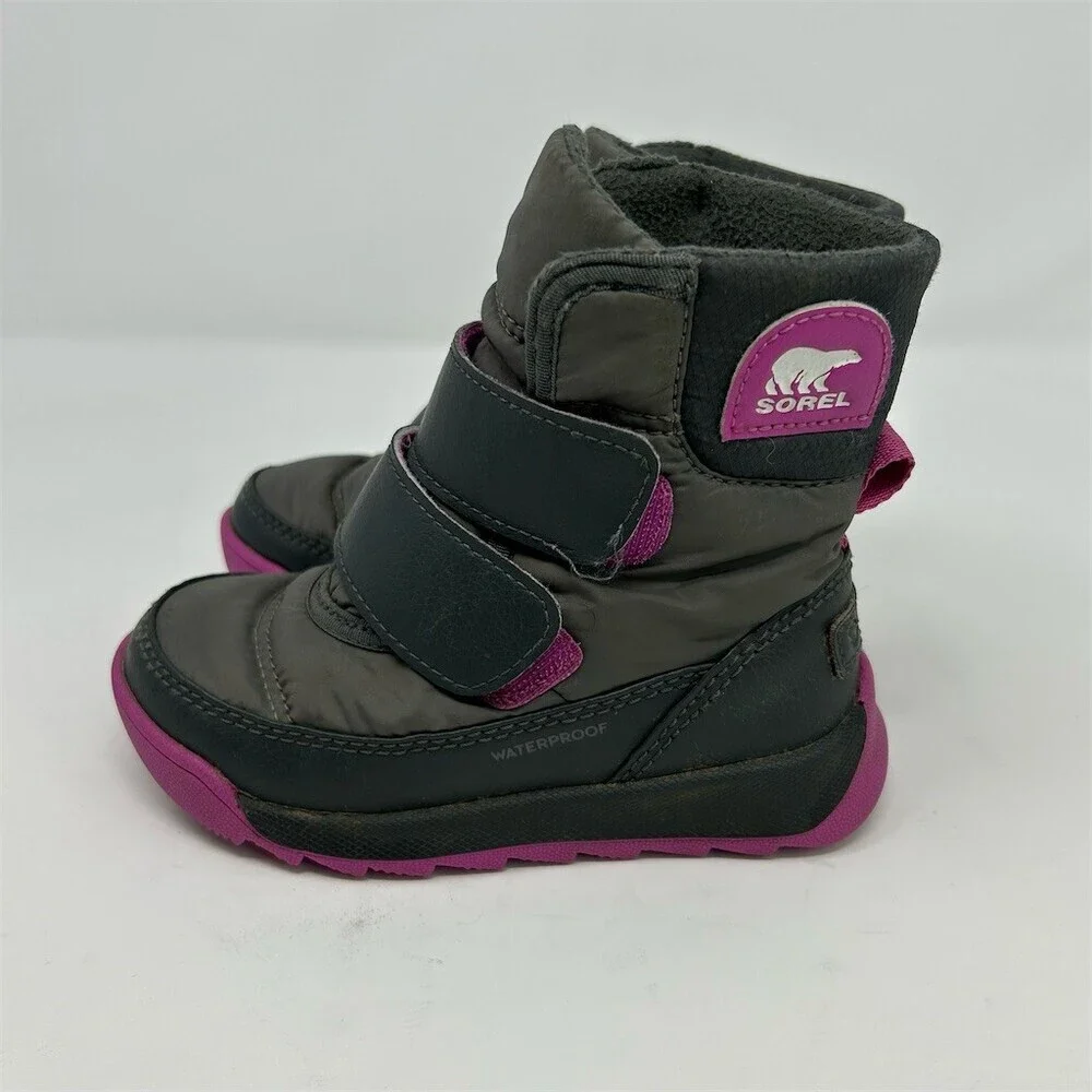 Sorel Kids Whitney II Strap Winter Snow Boots Gray Charcoal Purple Size 8